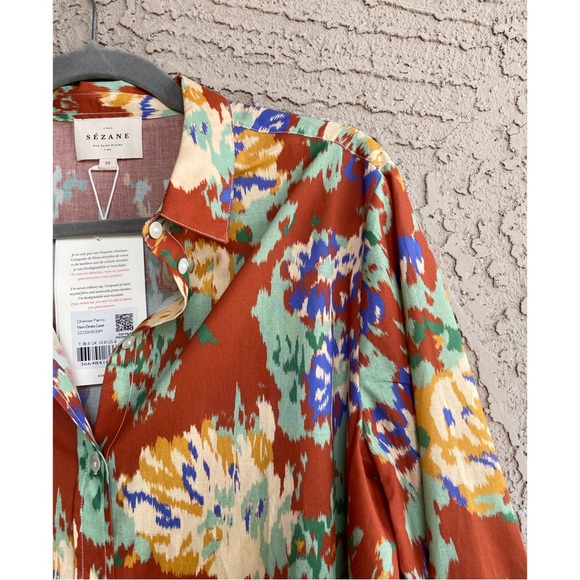 SEZANE NWT Rust Orange Green Abstract Floral Printed Button Down Pierro Shirt 38 - Picture 5 of 11